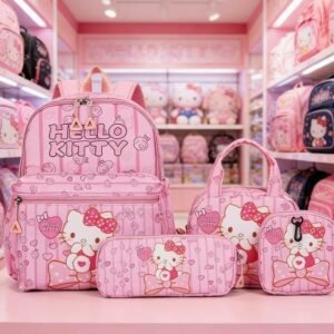 حقيبة ظهر مدرسية للبنات Hello Kitty باللون الوردي مع حقائب متعددة